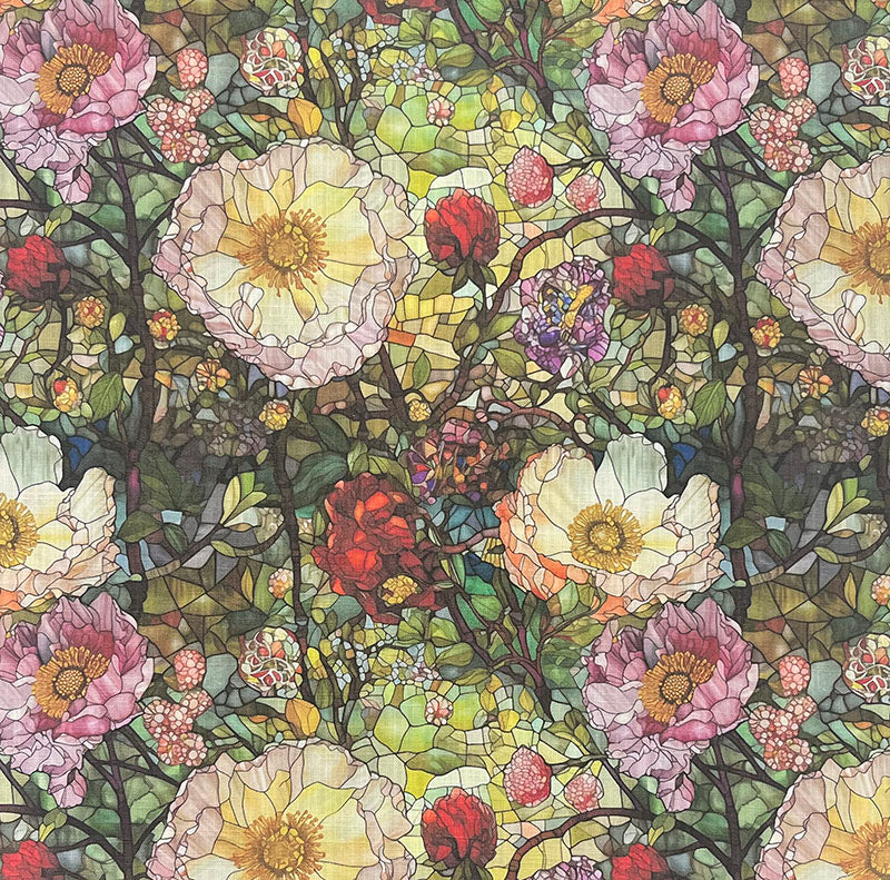 Canterbury Flower Green velvet upholstery fabric flat image with forest-toned floral pattern featuring red, yellow, and purple flowers on deep green