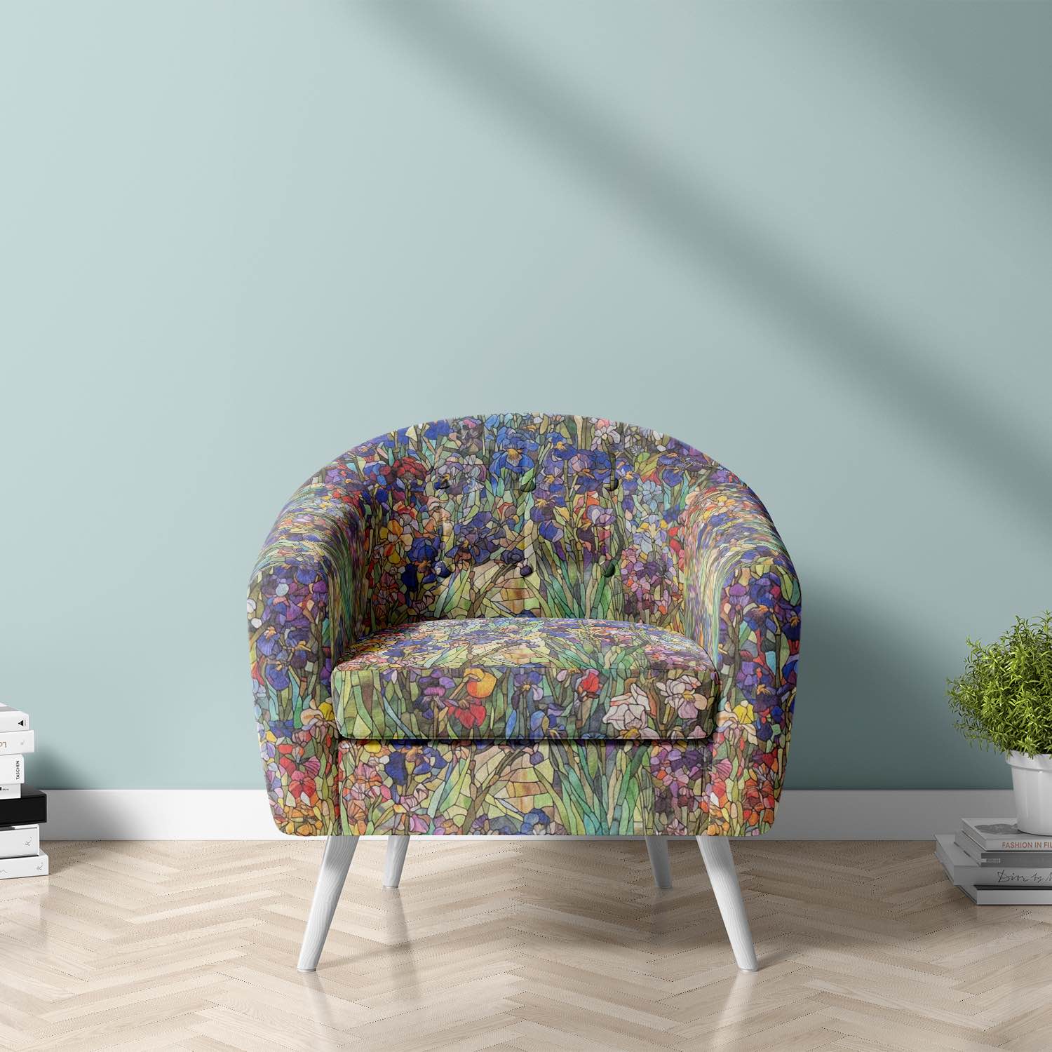 Canterbury Flower Iris velvet fabric on upholstered armchair showing intricate multicoloured floral detailing and dark green tones