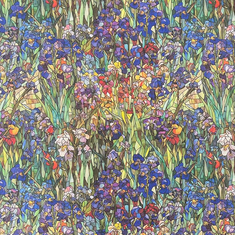 Canterbury Flower Iris velvet upholstery fabric flat image with stained glass floral print in red, yellow, and violet on a deep green background