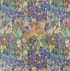 Canterbury Flower Iris velvet upholstery fabric flat image with stained glass floral print in red, yellow, and violet on a deep green background