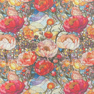 Canterbury Flower Red velvet upholstery fabric flat image showing stained glass effect florals in crimson, ivory, and gold on a warm neutral base