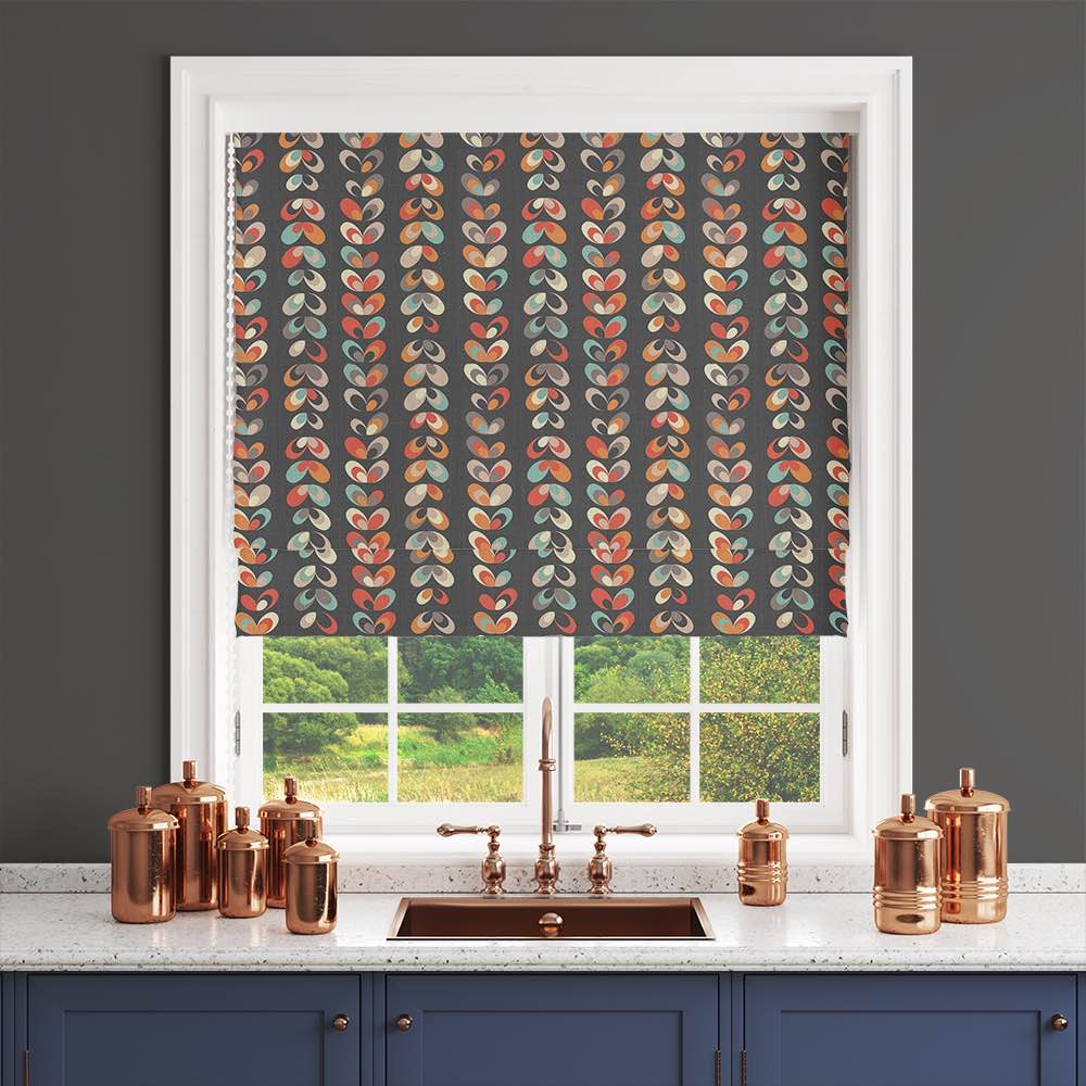 avendish Floral Linen Curtain Fabric in Black – modern Scandi floral roller blind with bold petal pattern in red, teal and ochre on a black background