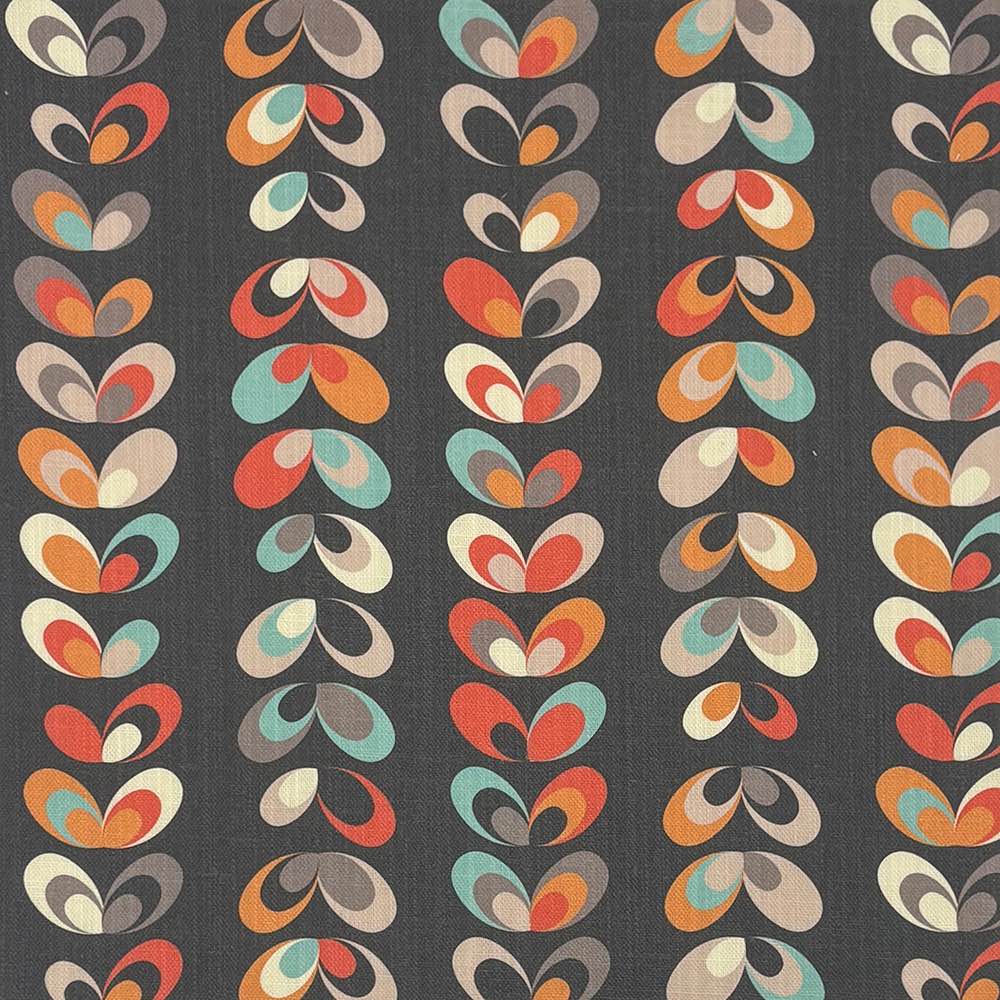 Cavendish Floral Linen Curtain Fabric in Black – retro Scandi floral design with multicoloured petal motifs