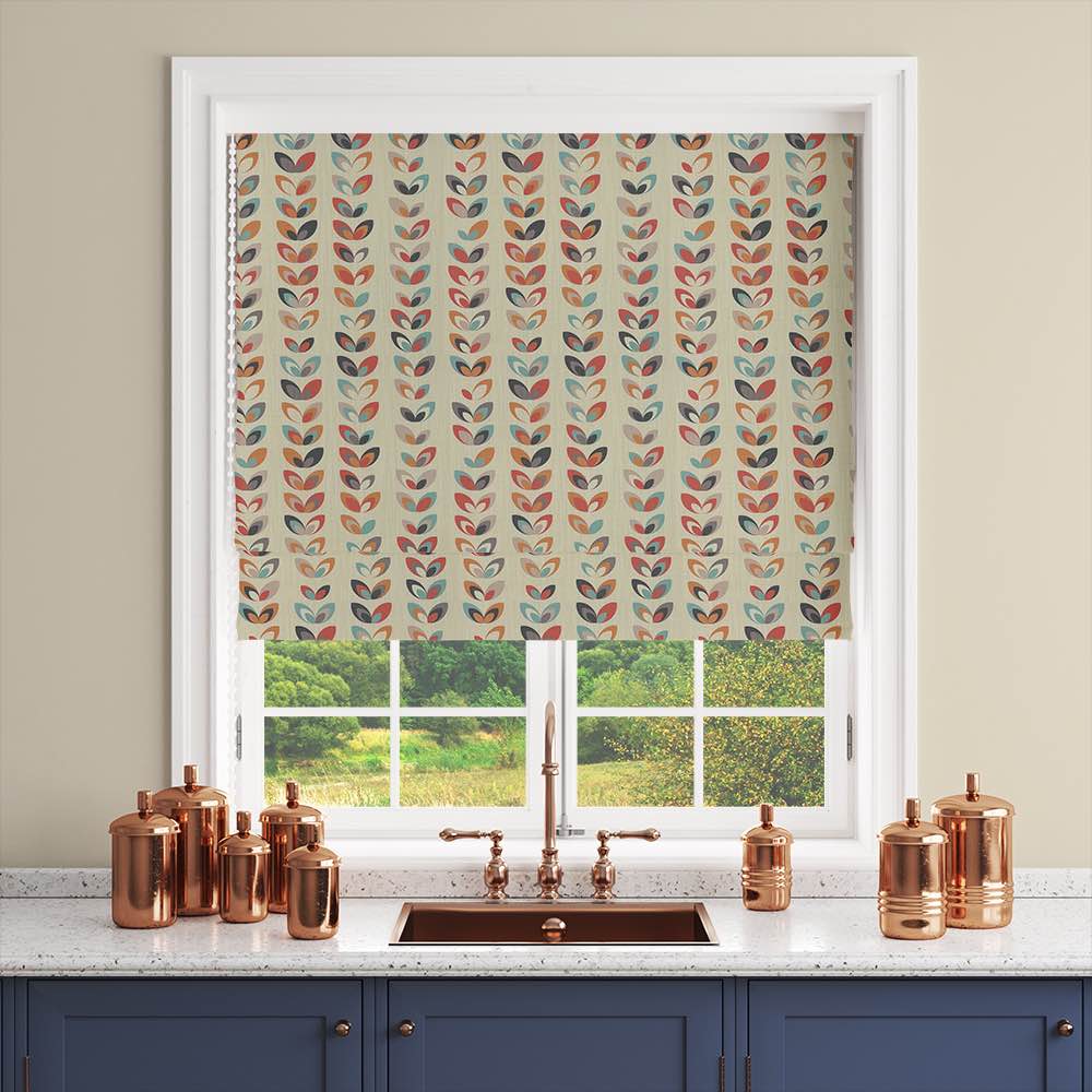 Cavendish Floral Linen Curtain Fabric in Cream – retro floral patterned blind in warm neutral tones with red, teal and grey accents