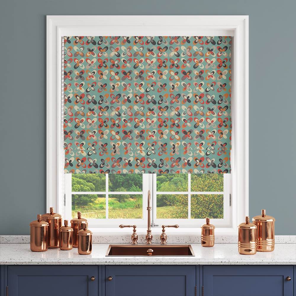 Cavendish Floral Linen Curtain Fabric in Duck Egg – mid-century inspired floral blind in teal, ochre, and cream tones
