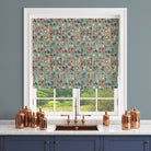 Cavendish Floral Linen Curtain Fabric in Duck Egg – mid-century inspired floral blind in teal, ochre, and cream tones