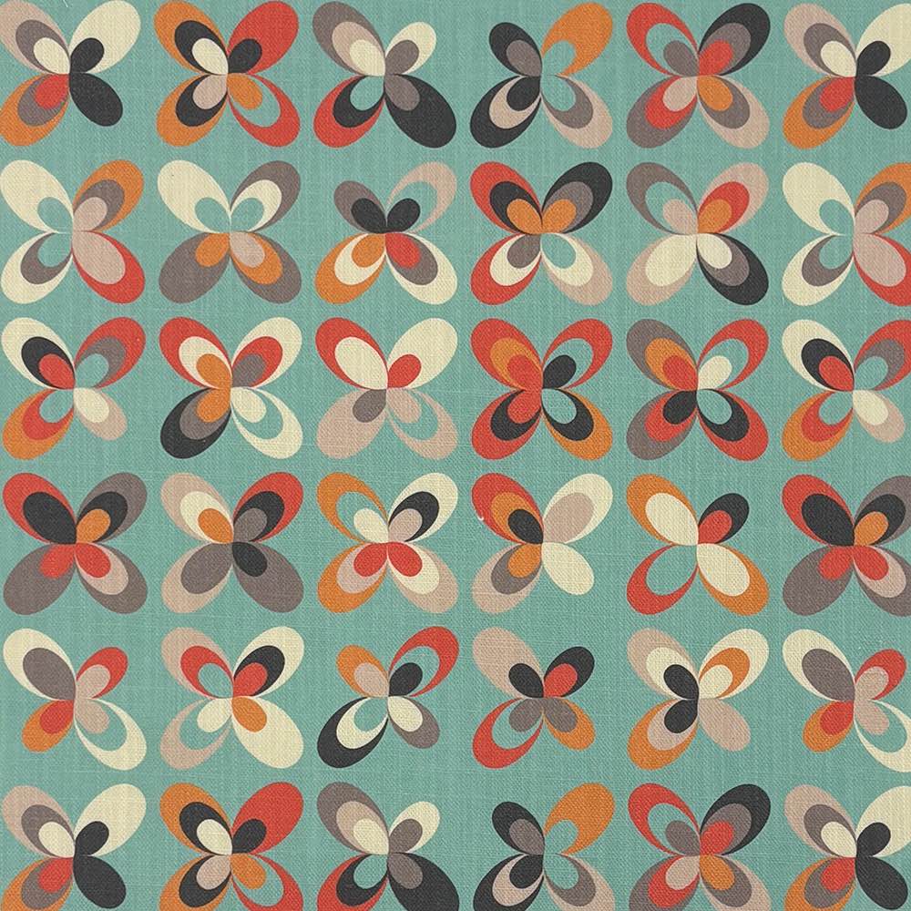 Cavendish Floral Linen Curtain Fabric in Duck Egg – mid-century Scandi floral design in teal and ochre tones