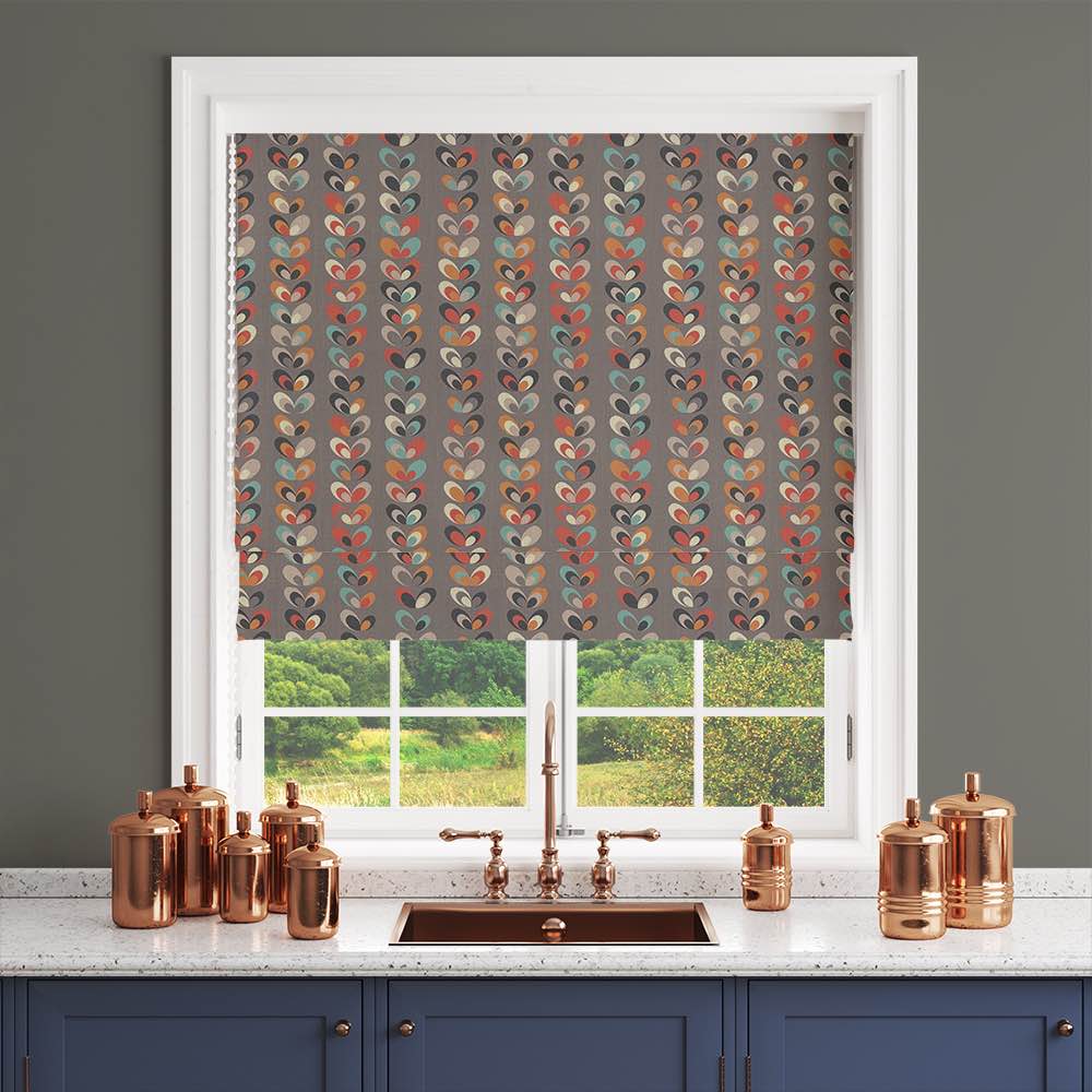 Cavendish Floral Linen Curtain Fabric in Grey – contemporary floral roller blind with multicoloured petal motifs on a mid-grey base
