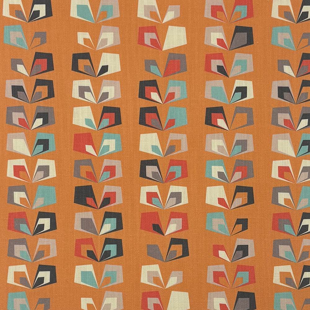 Cavendish Floral Linen Curtain Fabric in Ochre – vibrant retro floral pattern in warm ochre and teal shades