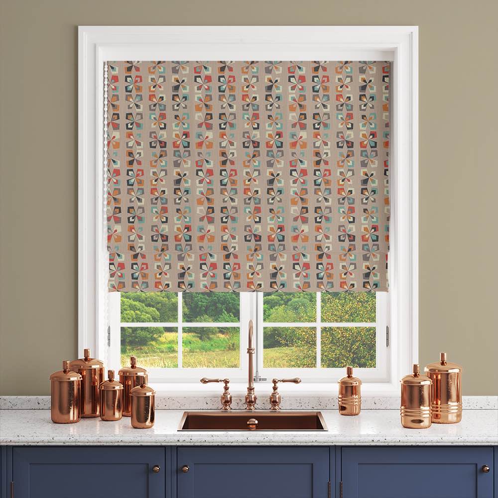 Cavendish Floral Linen Curtain Fabric in Stone – Scandi floral patterned blind in natural tones with geometric petal shapes