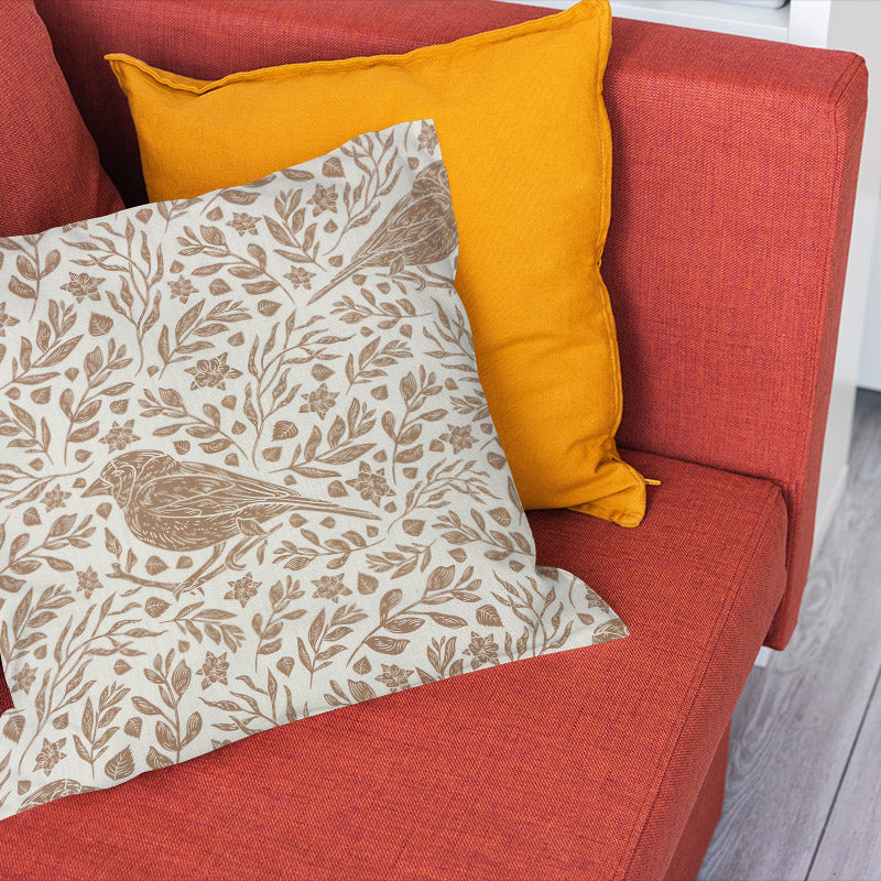 Chaffinch linen curtain fabric cushion showing natural country bird and leaf print
