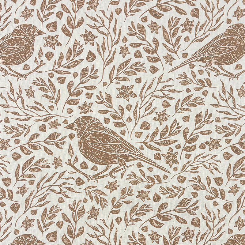 Chaffinch bird linen curtain fabric flat image in natural brown on Newport White linen blend