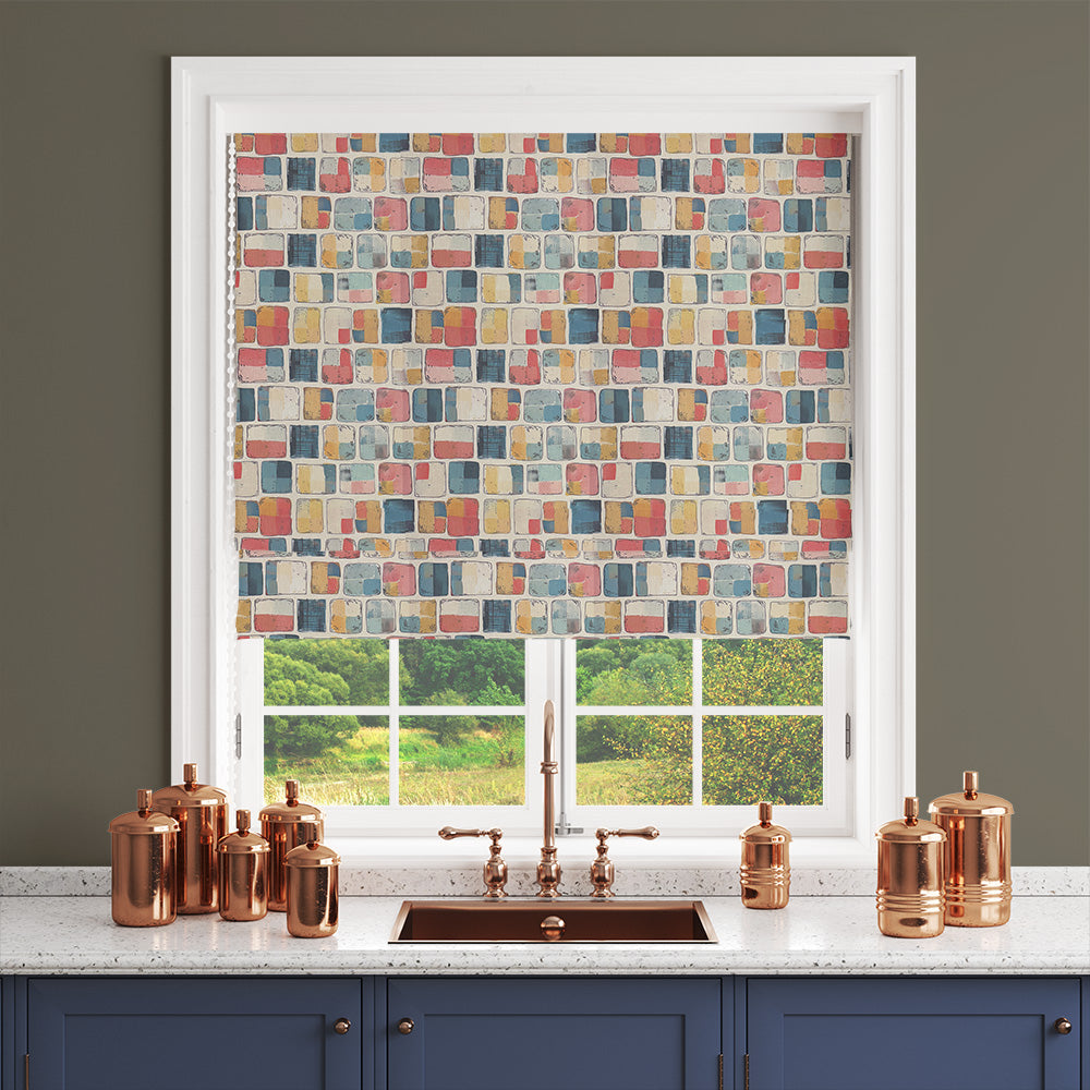 Eye-catching multicoloured curtain fabric featuring an abstract square pattern.
