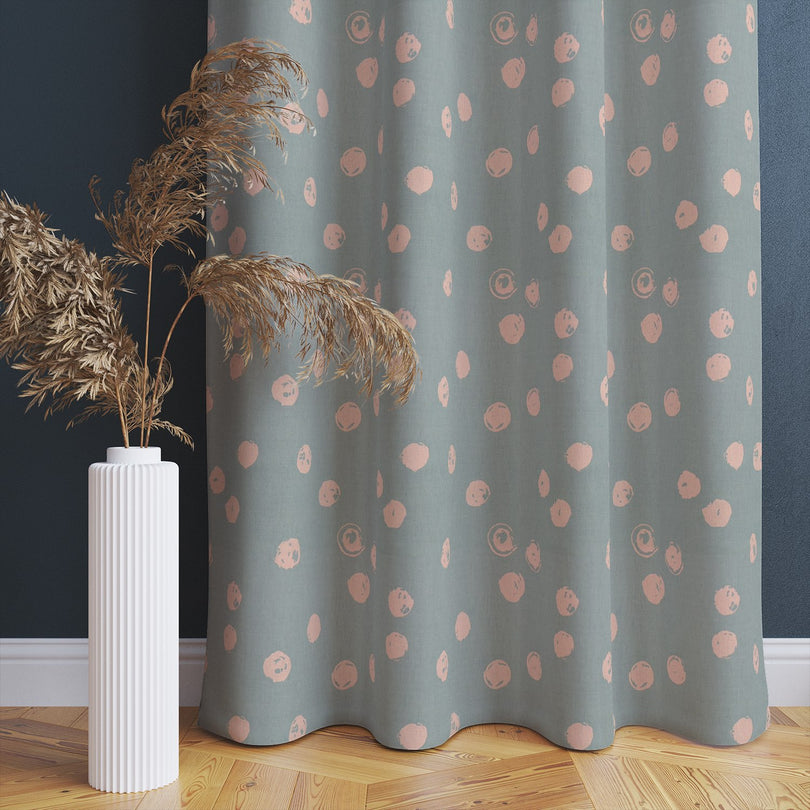 Modern Chiese duck egg polka dot fabric, ideal for creating a subtle, stylish curtain look.