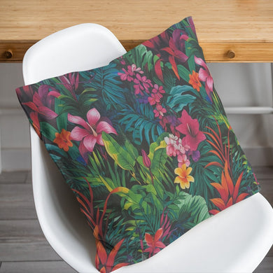 Cushion covered in Chile Floral Cotton Curtain Fabric – vibrant multicoloured floral fabric