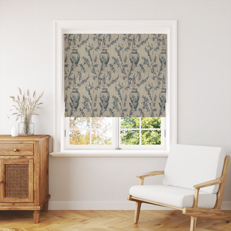 Ching blue leaf and vase linen fabric used for roman blind in living room