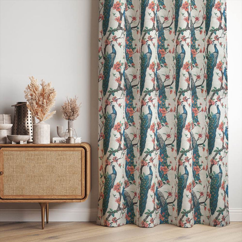  Chinoise Peacock Curtain Fabric with a beautiful drape, ideal for creating a dramatic and stylish window treatment