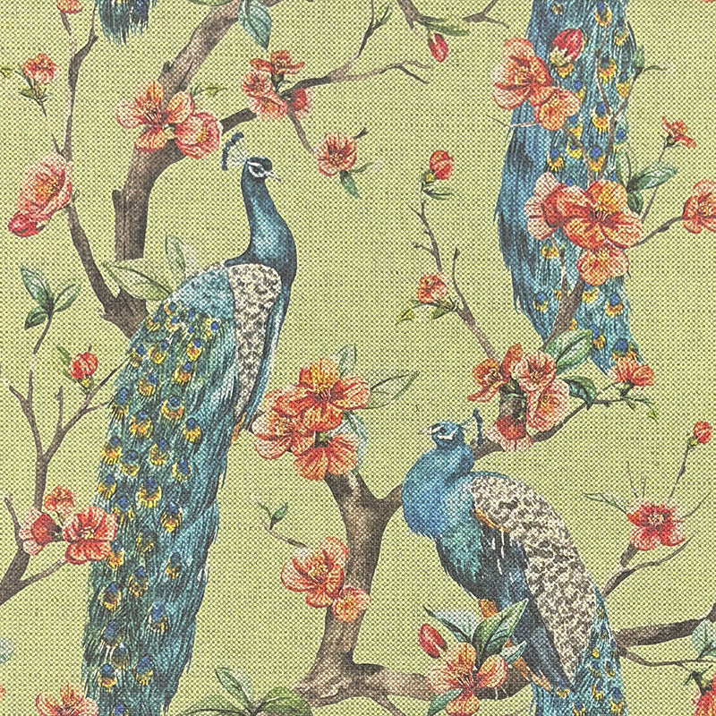 Chinoise Peacock Mint Green upholstery fabric flat image, printed peacock bird fabric for chairs, curtains, Roman blinds and cushions