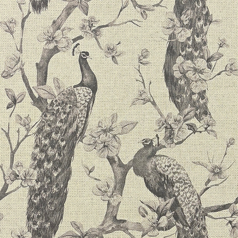 Chinoise Peacock Monochrome upholstery fabric flat image, black and white peacock print fabric for chairs and soft furnishings