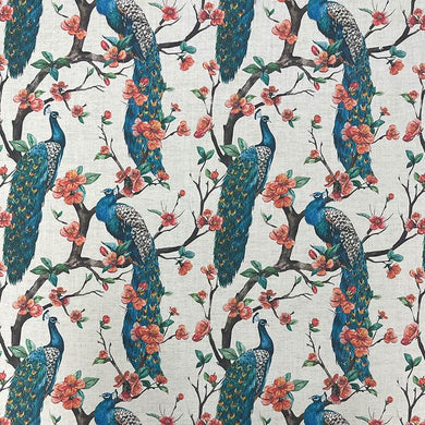 Chinoise Peacock Upholstery Fabric with Intricate Floral Design and Rich Blue and Green Colors