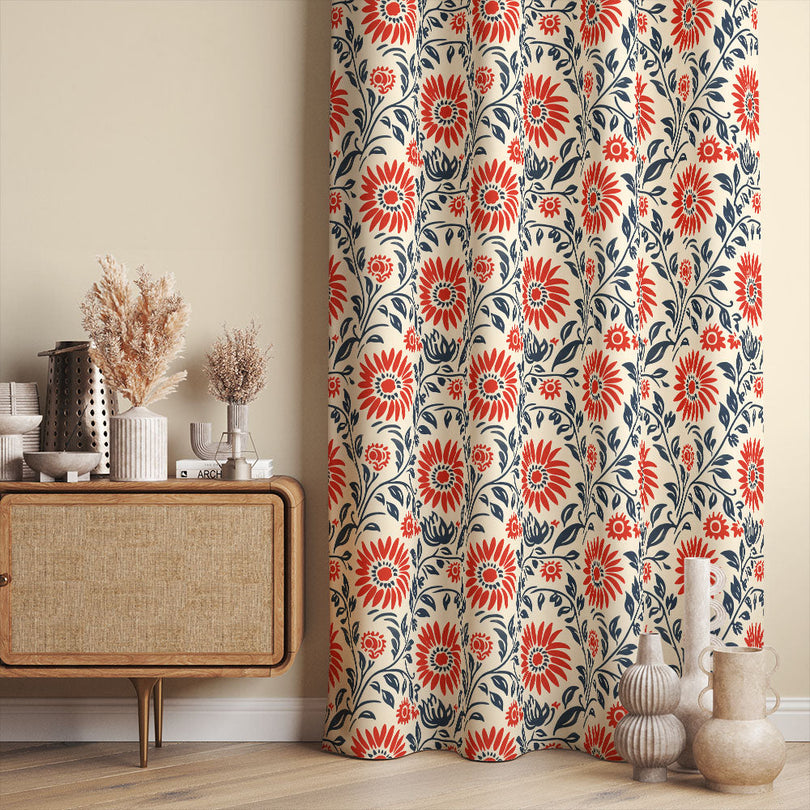 Cliveden Linen Curtain Fabric - Red beautifully framing a picturesque view from a bedroom window
