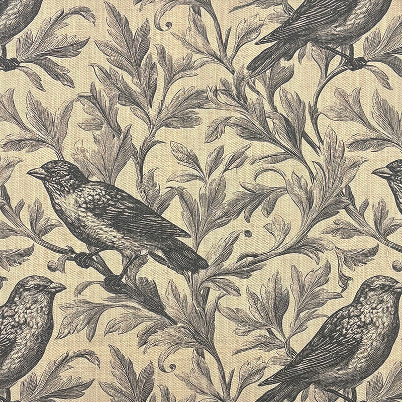 Bird fabric on linen with finely sketched birds and scrolling foliage in neutral beige tones for curtains and blinds.