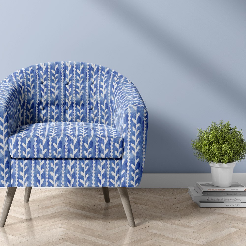 Cordelia velvet upholstery fabric royal blue leaf pattern chair