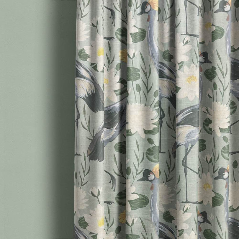 High-quality linen upholstery fabric featuring elegant crane bird design