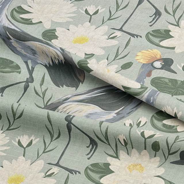 Beautiful nature-inspired linen fabric with crane bird pattern in green