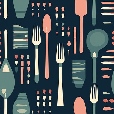 Cutlery Cotton Curtain Fabric in Multi-Color with Fork and Knife Design