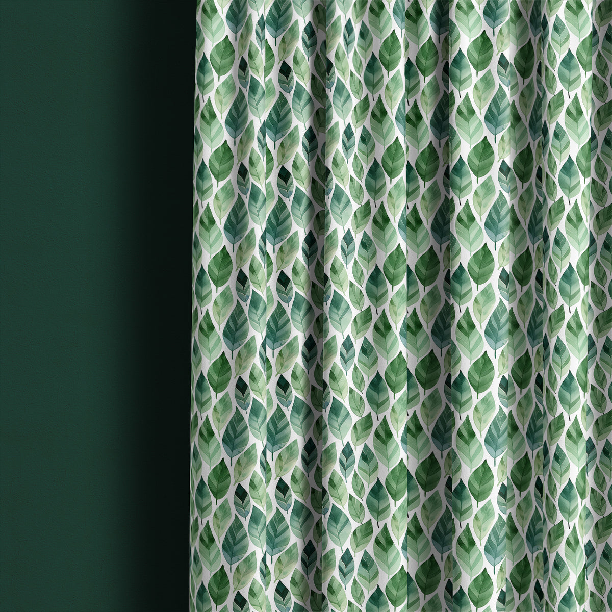 Darwin leaf fabric shown as full-length green curtains in a light botanical interior
