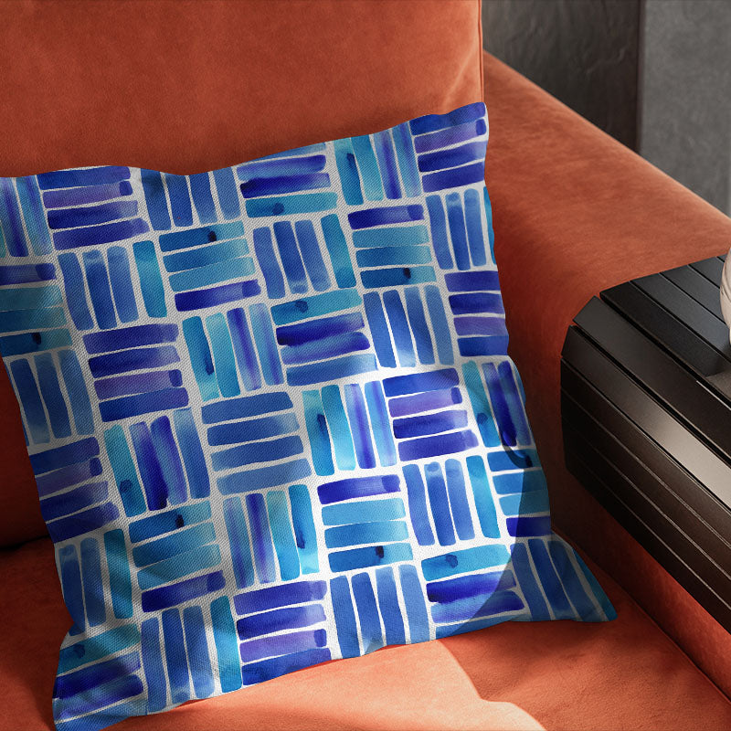 Dash Blue cushion image showing washable patterned curtain fabric made into soft furnishings