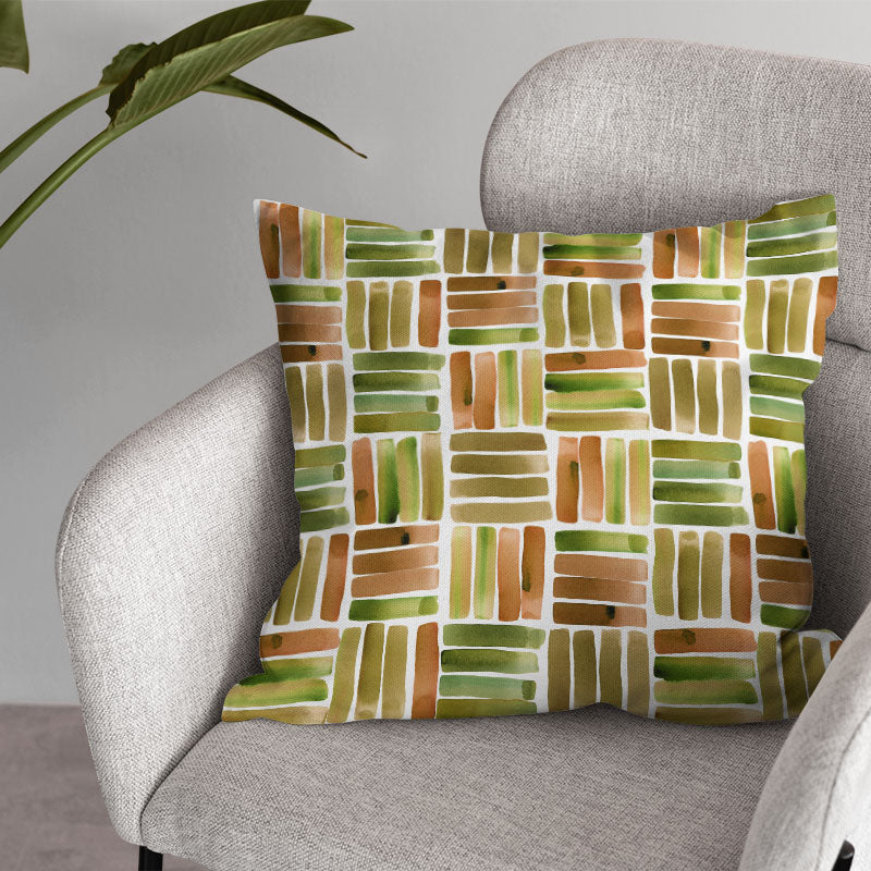 Dash Copper cushion made from washable patterned curtain fabric in a warm copper colourway
