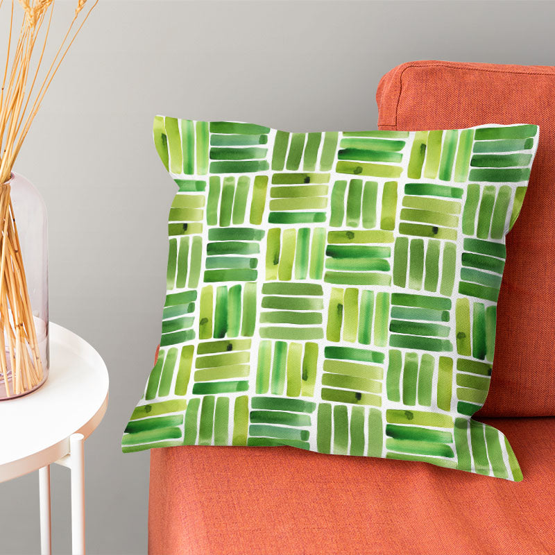 Dash Green cushion image showing geometric polycotton curtain fabric for soft furnishings