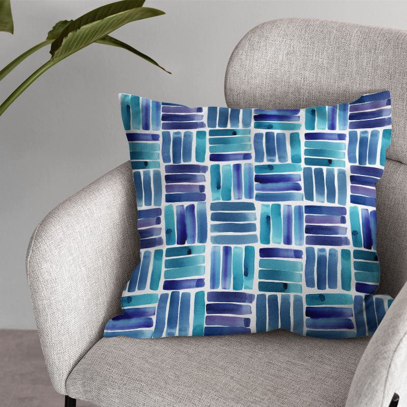 Dash Indigo cushion image showing blue patterned curtain fabric for cushions and blinds
