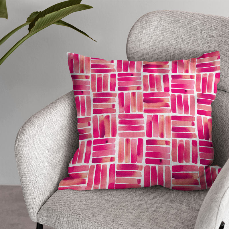 Dash Rouge cushion image showing red patterned polycotton fabric for soft furnishings