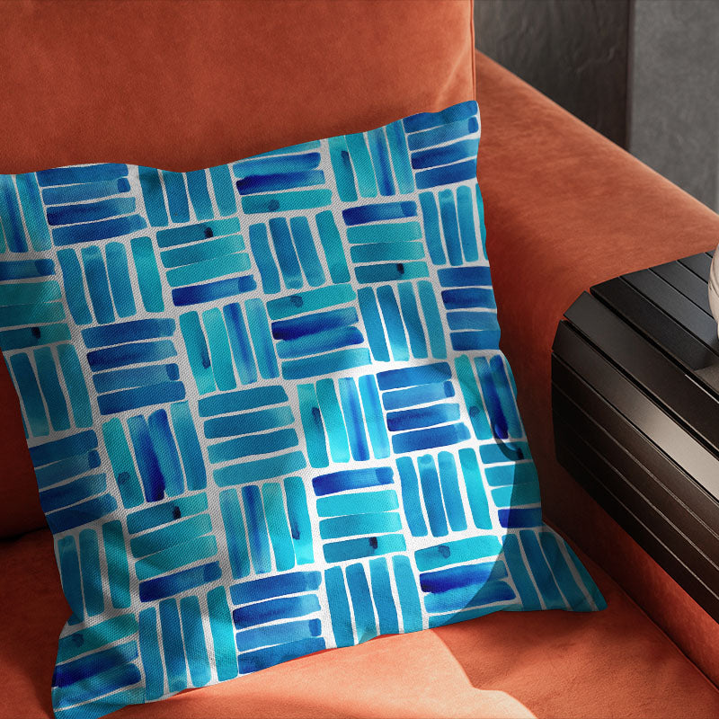 Dash Turquoise cushion image showing colourful patterned curtain fabric for soft furnishings
