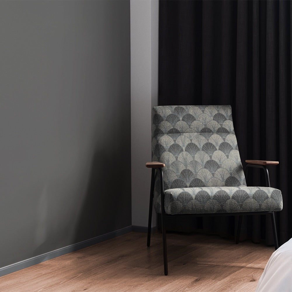 Blue Deco Fan printed upholstery fabric used on retro-style chair