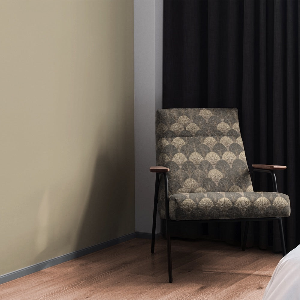 Stone Deco Fan fabric upholstered on neutral-toned occasional chair