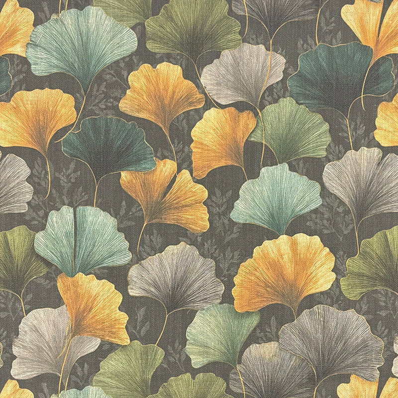 Detailed flat image of Deco Leaf linen curtain fabric in Golden colour with ochre and yellow ginkgo leaves on charcoal background