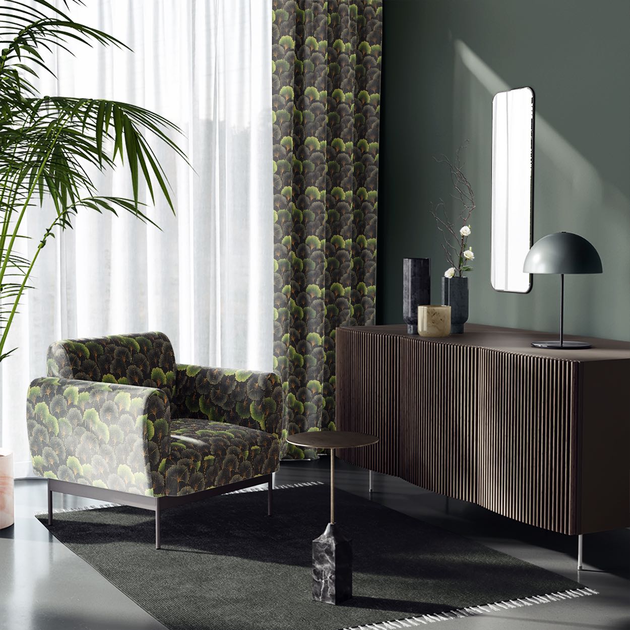 Deco Leaf Green linen curtain fabric featured on matching curtains and armchair in a contemporary interior space