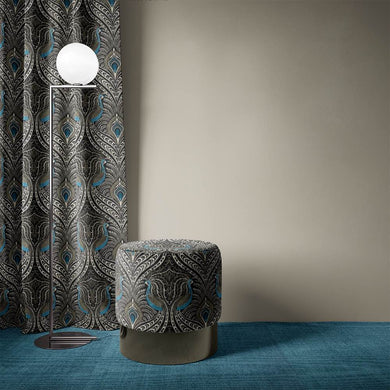 Deco Peacock Cotton Linen Curtain Fabric UK - Ebony