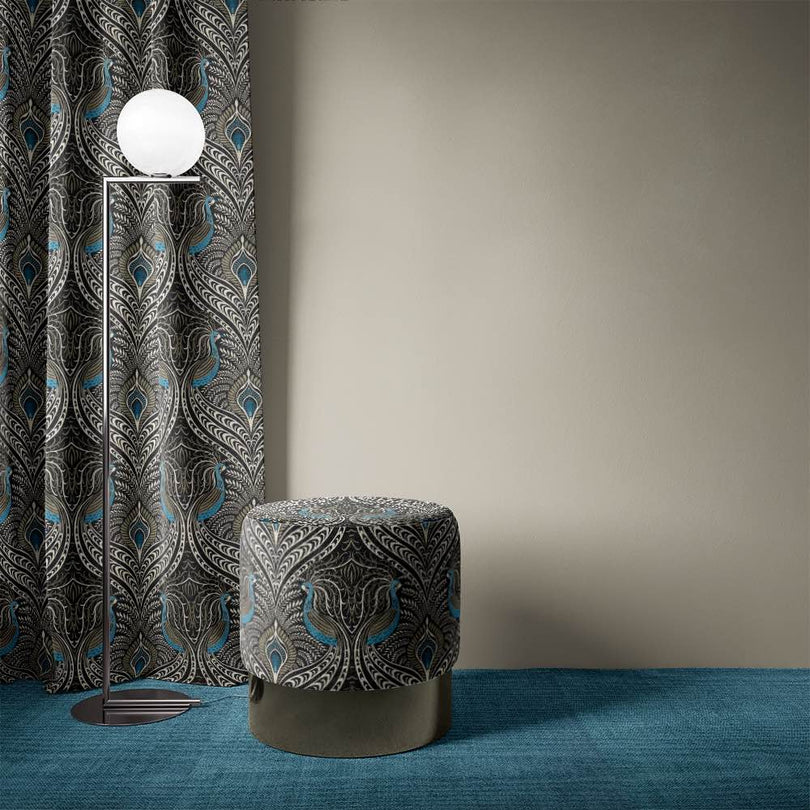 Deco Peacock Cotton Linen Curtain Fabric UK - Ebony