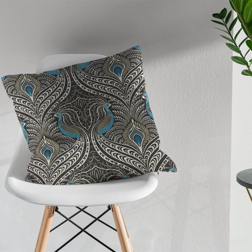 Deco Peacock Cotton Linen Curtain Fabric Per Metre - Ebony