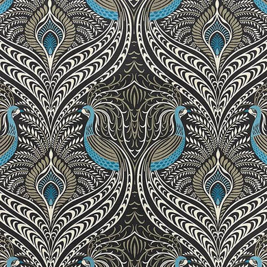 Deco Peacock Cotton Linen Curtain Fabric - Ebony