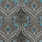 Deco Peacock Cotton Linen Curtain Fabric - Ebony