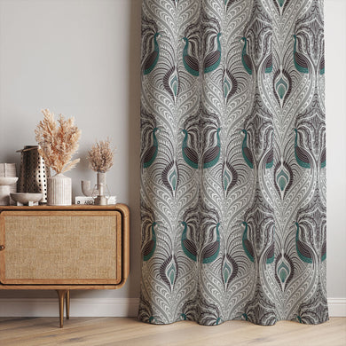 High-quality, durable grey linen fabric with stunning peacock pattern
