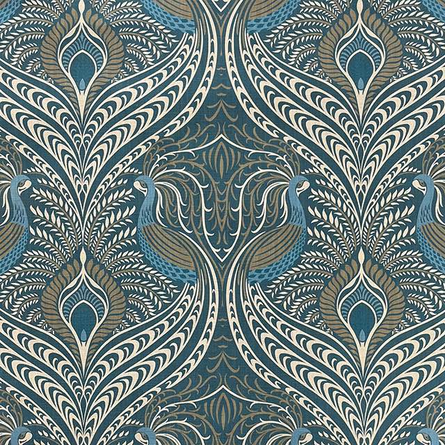 Deco Peacock Cotton Linen Curtain Fabric - Teal