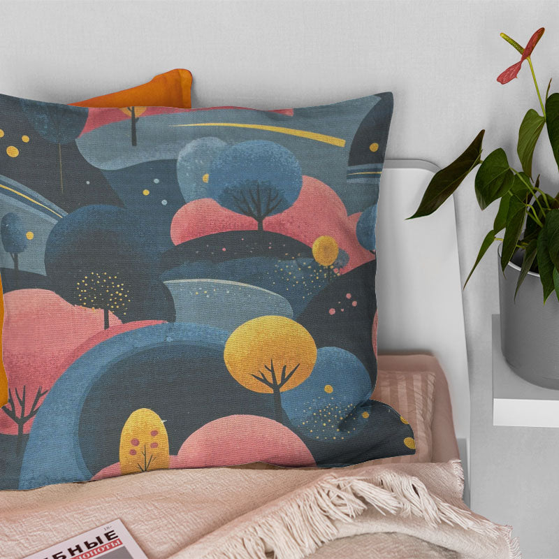 Dovedale tree pattern cotton curtain fabric styled as cushion – navy and pink decorative curtain fabric with illustrated trees