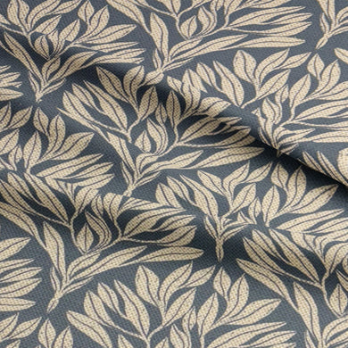 Draped Driftwood Leaf Navy fabric, emphasizing its elegant woven design.